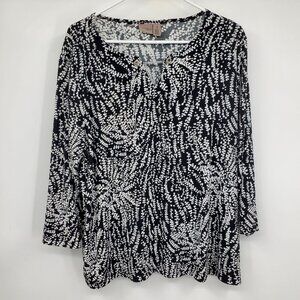 Easywear by Chico's Black and White Floral Printed 3/4 Sleeve Career Shirt XL